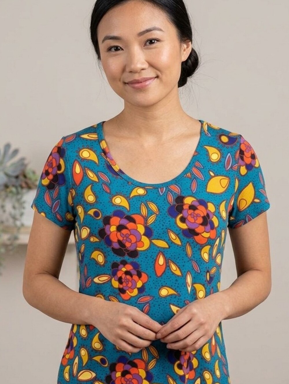 LuLaRoe Teal, Gold, Purple, Orange Floral Pattern Classic T Shirt Size XS NWT